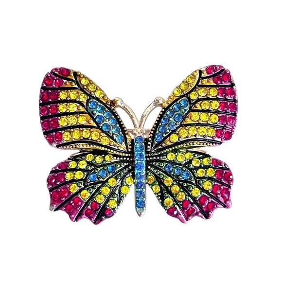 Bright Crystal Butterfly Brooch Pin Blue Yellow Red Goldtone Setting 1 7/8" - Picture 2 of 6